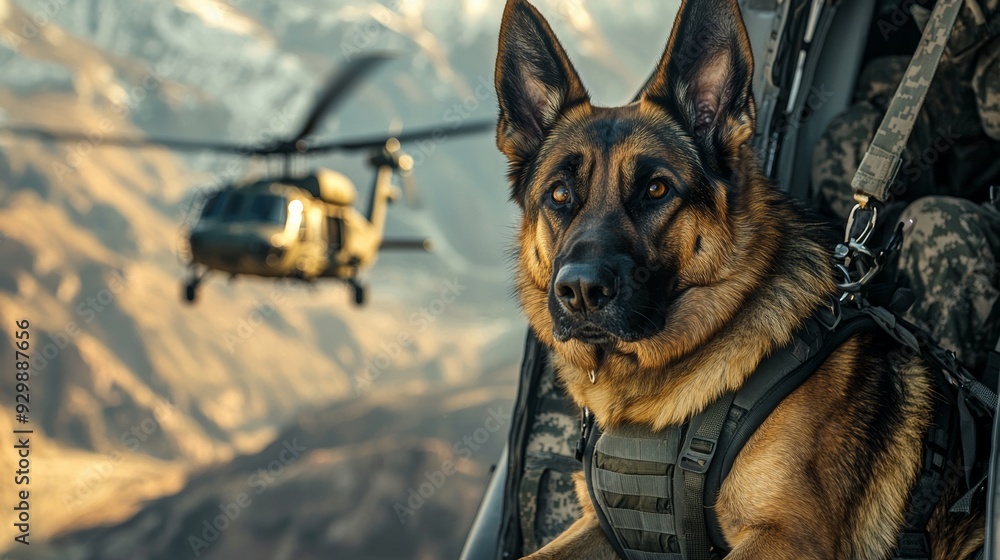A courageous military dog in a helicopter, ready for action against a dramatic mountain backdrop, showcasing loyalty and bravery. A courageous military dog in a helicopter, ready for action against a dramatic mountain backdrop, showcasing loyalty and bravery.