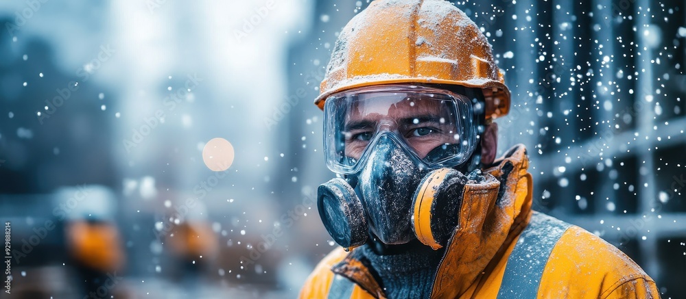 Construction Worker in Protective Gear During Snowfall at a Winter Construction Site Construction Worker in Protective Gear During Snowfall at a Winter Construction Site