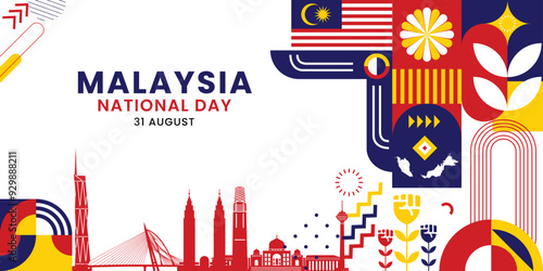 Art & Illustration Contemporary Malaysia National Day Poster - Dynamic Abstract Design with Cultural and National Symbols Vector