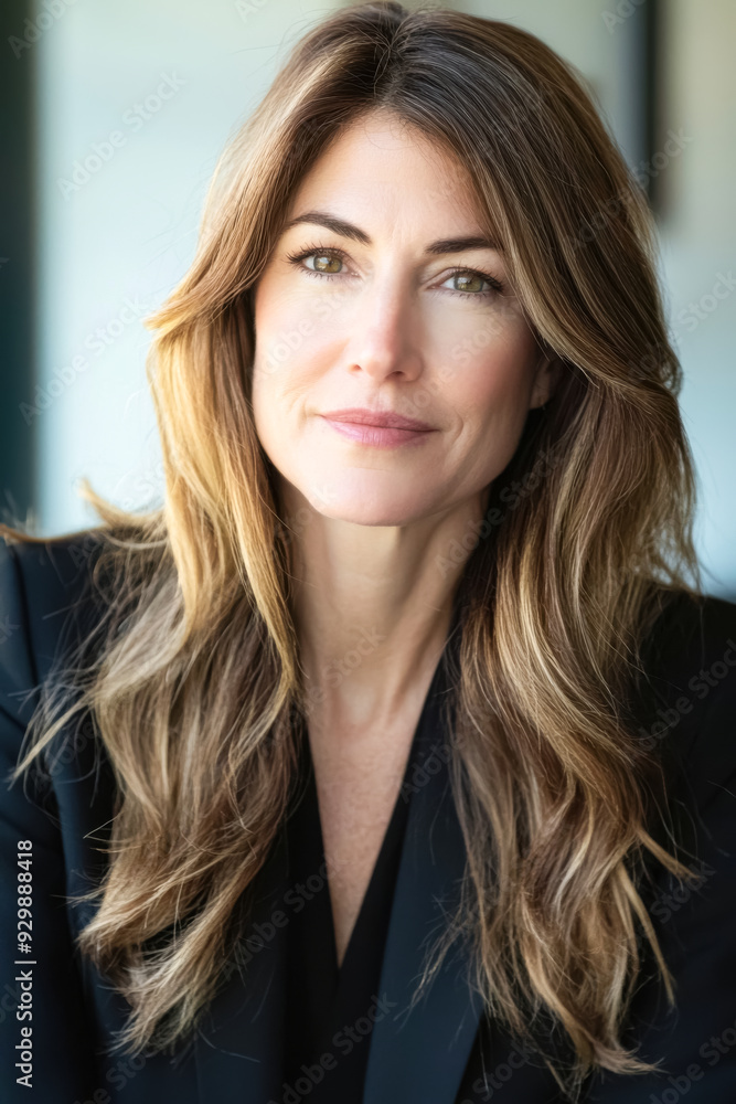 Confident Female Executive with Calm Smile. A close-up portrait of a light-skinned woman with long brown hair, softly smiling, wearing professional attire in a bright and modern office setting.
Confident Female Executive with Calm Smile. A close-up portrait of a light-skinned woman with long brown hair, softly smiling, wearing professional attire in a bright and modern office setting.