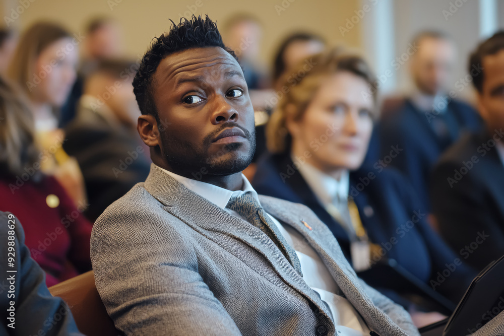 Engaged Young Professional at Business Conference. A serious image of a dark-skinned man sitting among other participants during a conference, appearing focused and attentive.
Engaged Young Professional at Business Conference. A serious image of a dark-skinned man sitting among other participants during a conference, appearing focused and attentive.