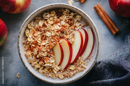 Homemade Apple Cinnamon Baked Oatmeal in a Breakfast Bowl Generative AI photo