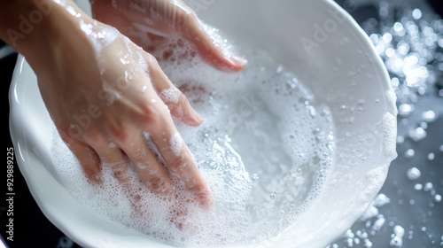 Hands washing white dishes with soapy water, clean and bright