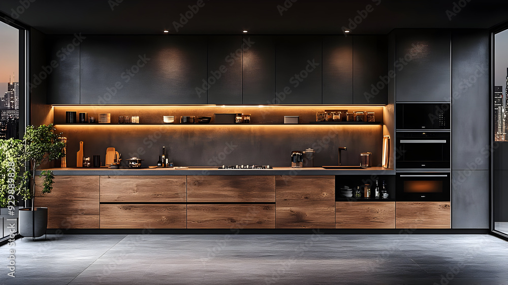 Modern kitchen with wooden accents and ambient lighting. Modern kitchen with wooden accents and ambient lighting.