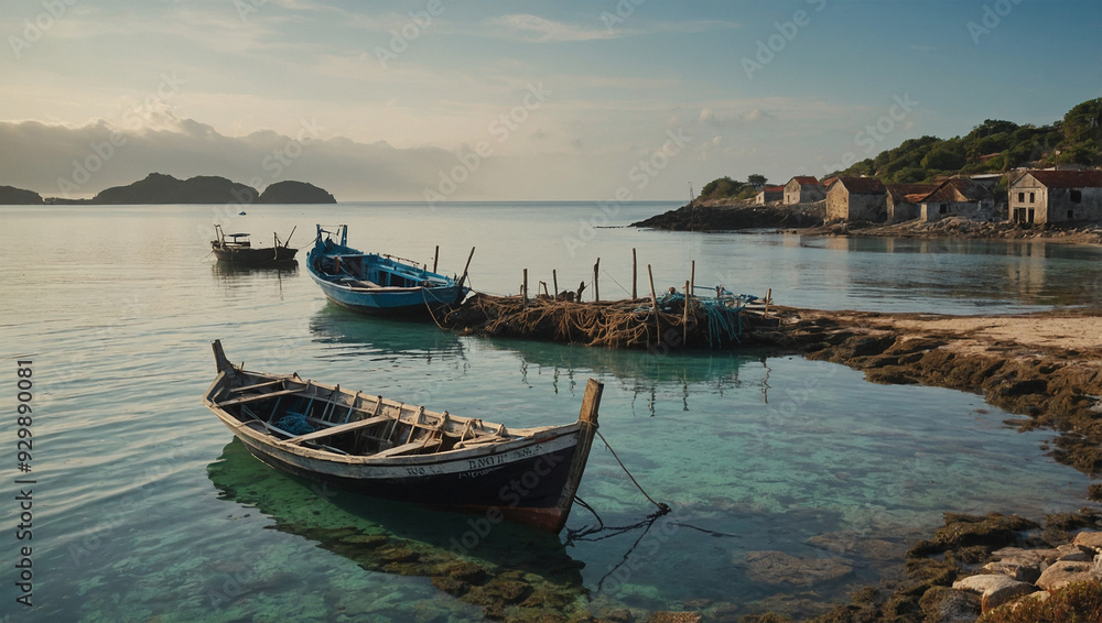 Traditional fishing boat anchored near a rustic coastal village, with fishing nets and gear on board. Traditional fishing boat anchored near a rustic coastal village, with fishing nets and gear on board.