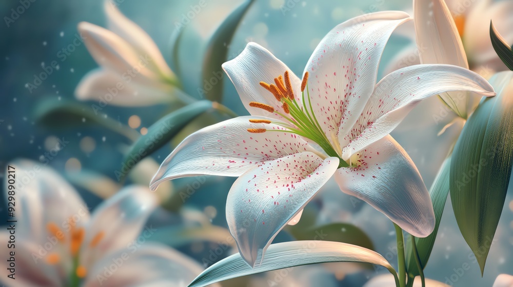 A stunning close-up of a white lily in soft focus, radiating elegance with delicate petals and vibrant details. A stunning close-up of a white lily in soft focus, radiating elegance with delicate petals and vibrant details.