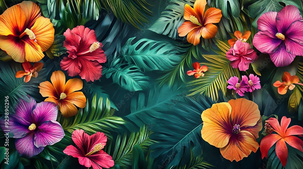 A vibrant arrangement of tropical flowers and lush greenery, perfect for adding a burst of color and nature to any project. A vibrant arrangement of tropical flowers and lush greenery, perfect for adding a burst of color and nature to any project.