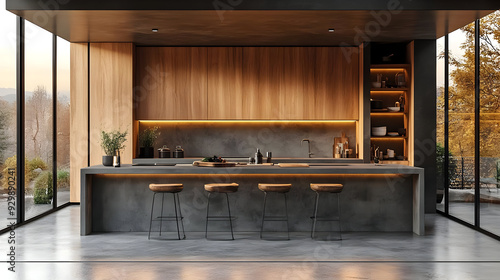Wallpaper Mural Modern kitchen with wooden accents and large windows. Torontodigital.ca
