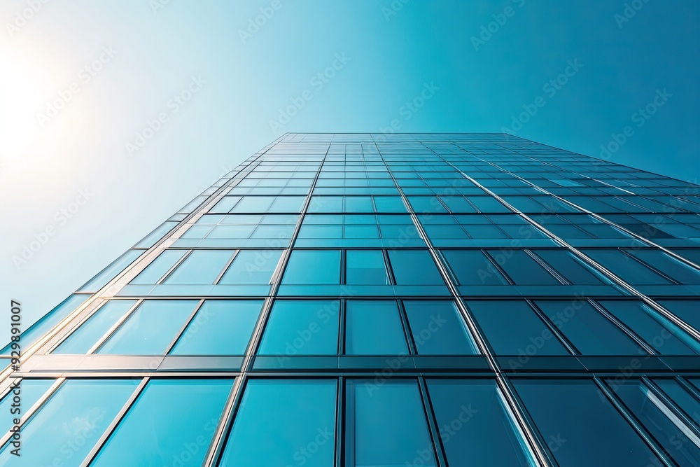 Modern office building with glass facade and blue sky background. Panoramic banner Modern office building with glass facade and blue sky background. Panoramic banner