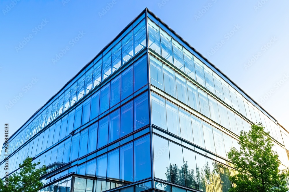 Modern office building with glass facade and blue sky background. Panoramic banner Modern office building with glass facade and blue sky background. Panoramic banner