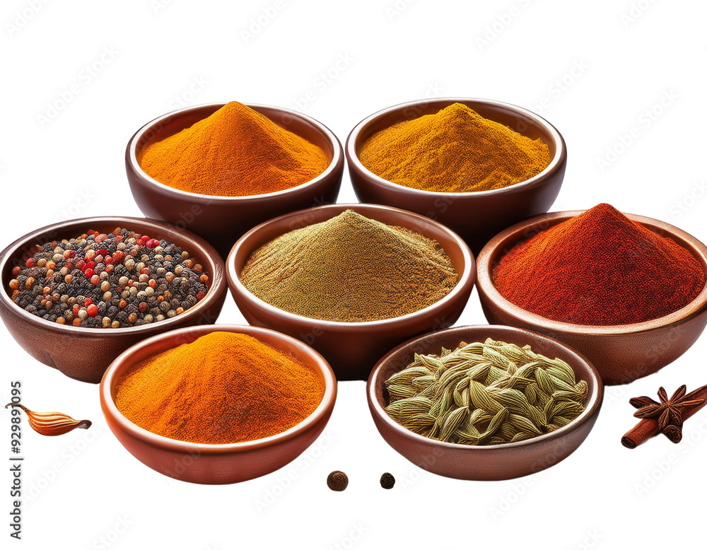 Variety of Spices in Bowls Isolated on transparent Background Variety of Spices in Bowls Isolated on transparent Background