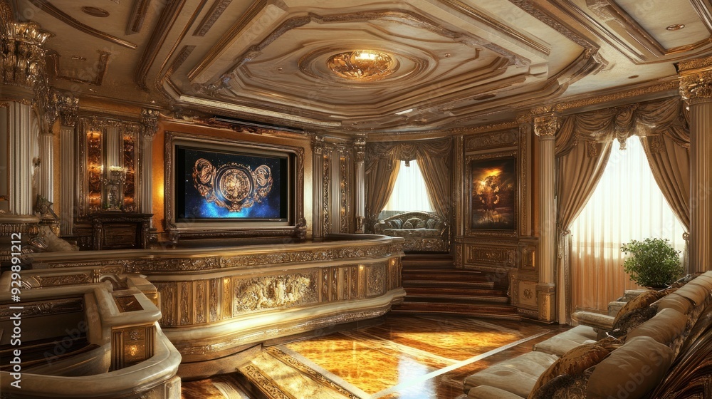 Fototapeta premium Luxurious living room with ornate details, a large TV, and a plush sofa.