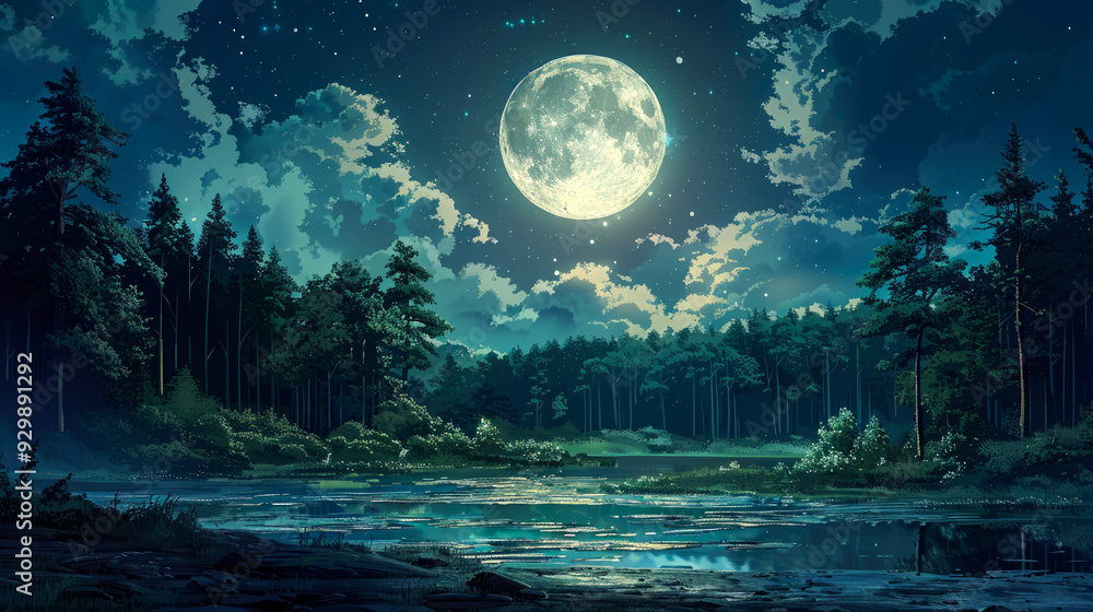 Serene Nighttime Forest Scene with a Full Moon over a Tranquil Lake Serene Nighttime Forest Scene with a Full Moon over a Tranquil Lake