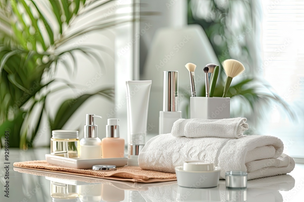 Set of cosmetic products on table against blurred background, space for text Set of cosmetic products on table against blurred background, space for text