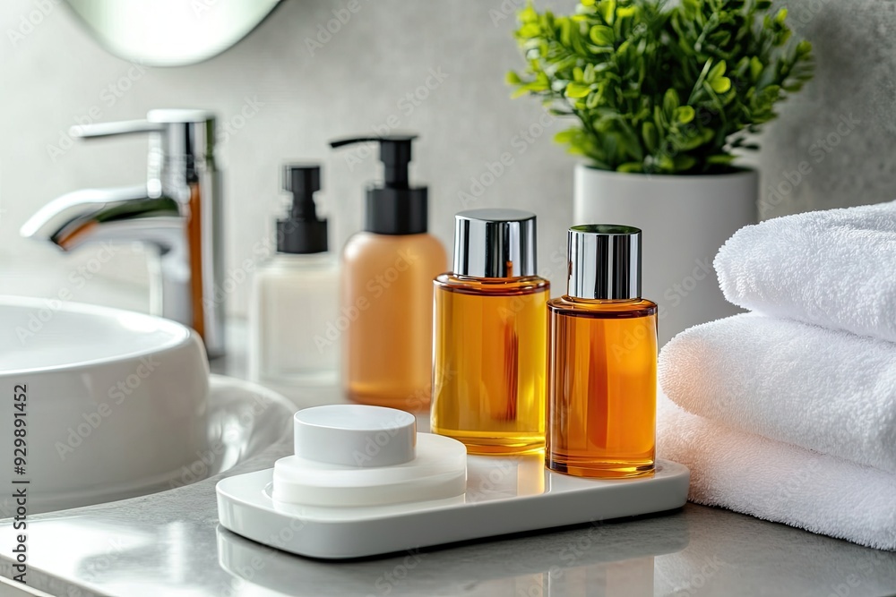 Set of cosmetic products on table against blurred background, space for text Set of cosmetic products on table against blurred background, space for text