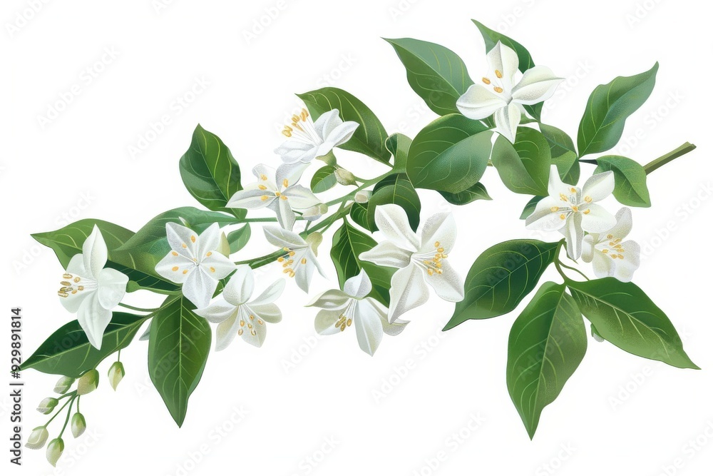White Flowers and Green Leaves on Branch. White Flowers and Green Leaves on Branch.