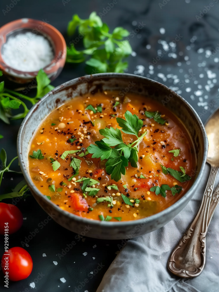 bowl of tomato soup, garnished with fresh parsley and quinoa, is the epitome of comfort food. The vibrant colors and rustic presentation bowl of tomato soup, garnished with fresh parsley and quinoa, is the epitome of comfort food. The vibrant colors and rustic presentation
