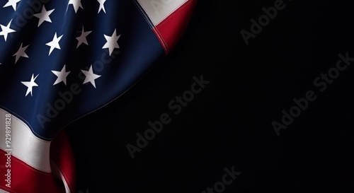 Elegant American flag draped on black backdrop, ideal for Memorial Day, patriotic themes, copy space for messaging or branding, versatile for marketing.