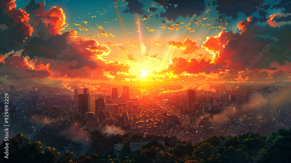 Fototapeta premium Sunset Over a Cityscape with Orange Clouds and Sun Rays