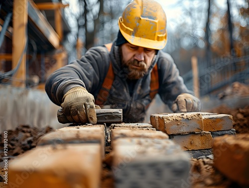 A construction worker laying bricks at a building site during autumn in a rural area photo