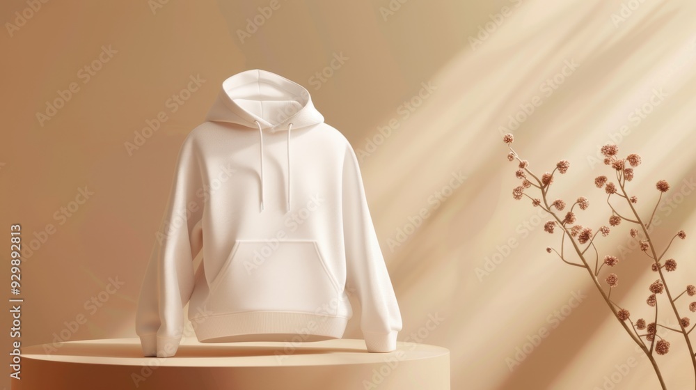 Minimalist white hoodie on a beige pedestal with soft sunlight and delicate branch for stylish fashion product presentation. Minimalist white hoodie on a beige pedestal with soft sunlight and delicate branch for stylish fashion product presentation.