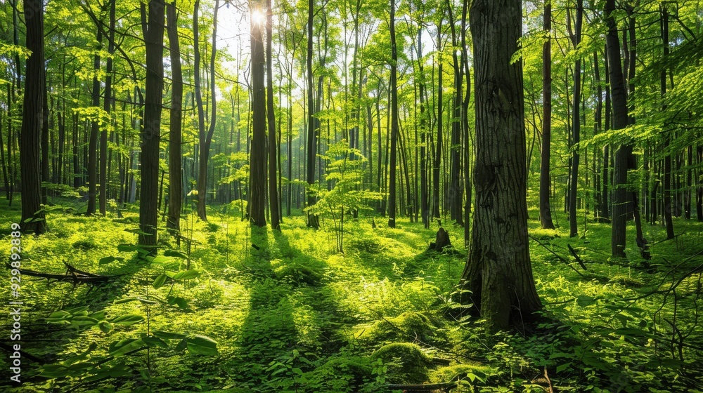 Sunlight Through the Trees in a Lush Forest. Sunlight Through the Trees in a Lush Forest.