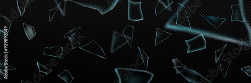 Broken glass shatter and piece. Realistic vector illustration set of explode mirror shard fragment. flying transparent sharp debris elements of smithereens beaten crystal or ice on dark background.