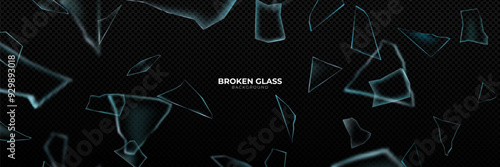 Broken glass shatter and piece. Realistic vector illustration set of explode mirror shard fragment. flying transparent sharp debris elements of smithereens beaten crystal or ice on dark background.