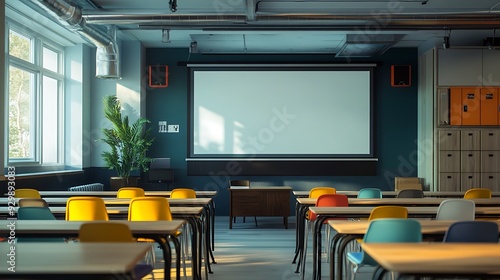 Empty Modern Classroom In the School Interior, Back to School Concept Book, Chair, table 3D Render.