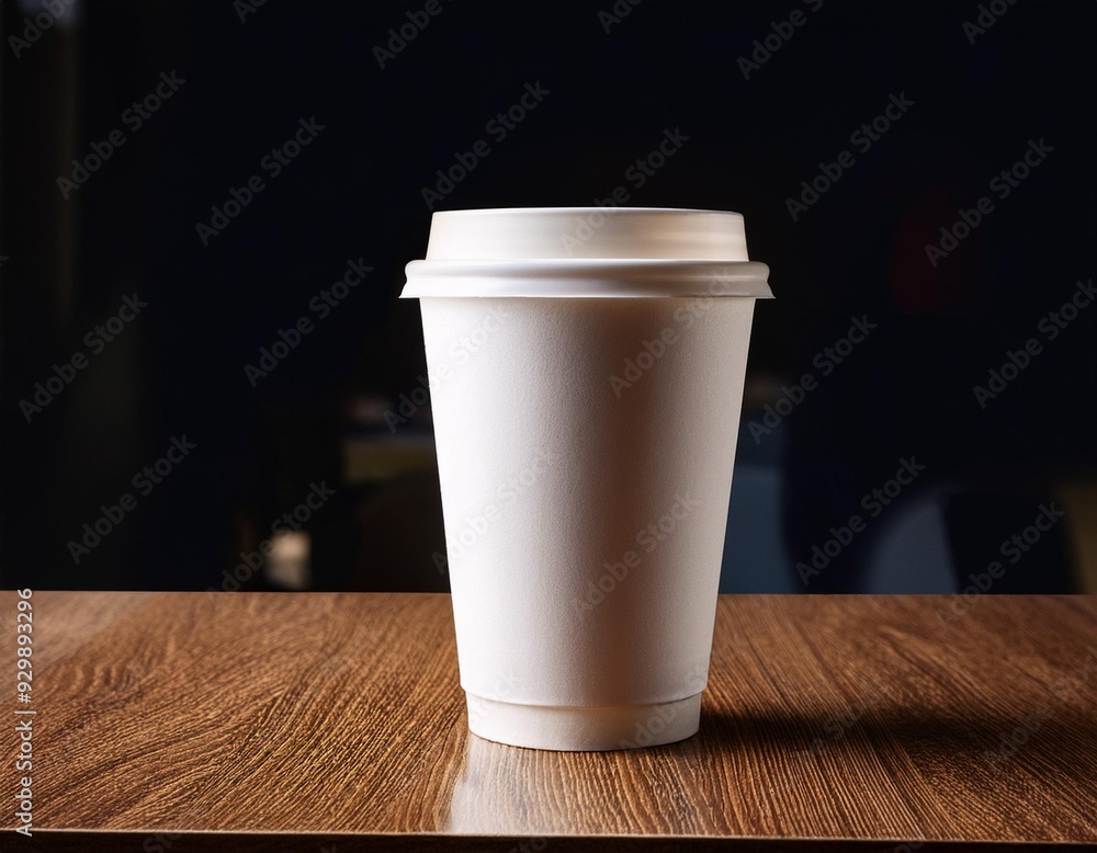White coffee to go cup on wooden table, mockup, Generative AI White coffee to go cup on wooden table, mockup, Generative AI