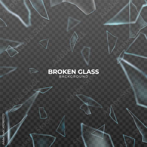 Broken glass shatter and piece. Realistic vector illustration set of explode mirror shard fragment. flying transparent sharp debris elements of smithereens beaten crystal or ice on dark background.