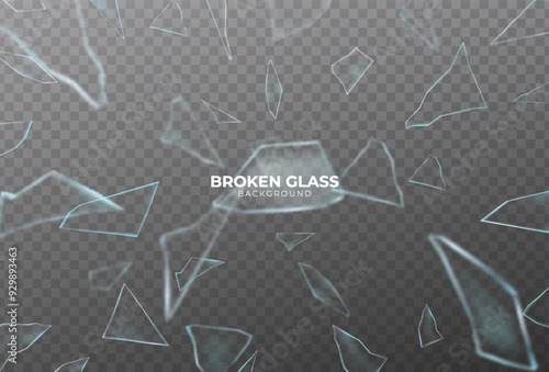Broken glass shatter and piece. Realistic vector illustration set of explode mirror shard fragment. flying transparent sharp debris elements of smithereens beaten crystal or ice on dark background.