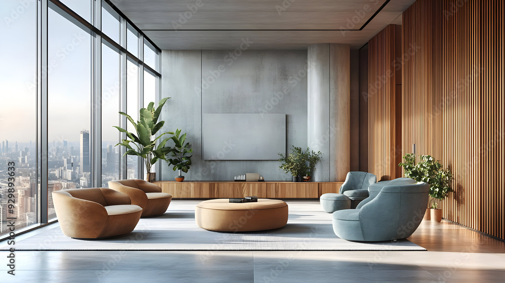 Modern living room with large windows and stylish furniture. Modern living room with large windows and stylish furniture.