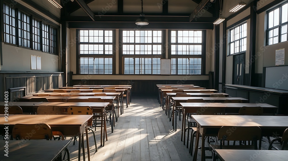 Empty Modern Classroom In the School Interior, Back to School Concept Book, Chair, table 3D Render. Empty Modern Classroom In the School Interior, Back to School Concept Book, Chair, table 3D Render.