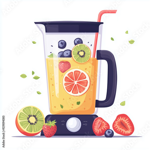 Smoothie Maker in Action: Cartoon Blender with Fruits for Juicery Banners and Health Food Store Displays photo