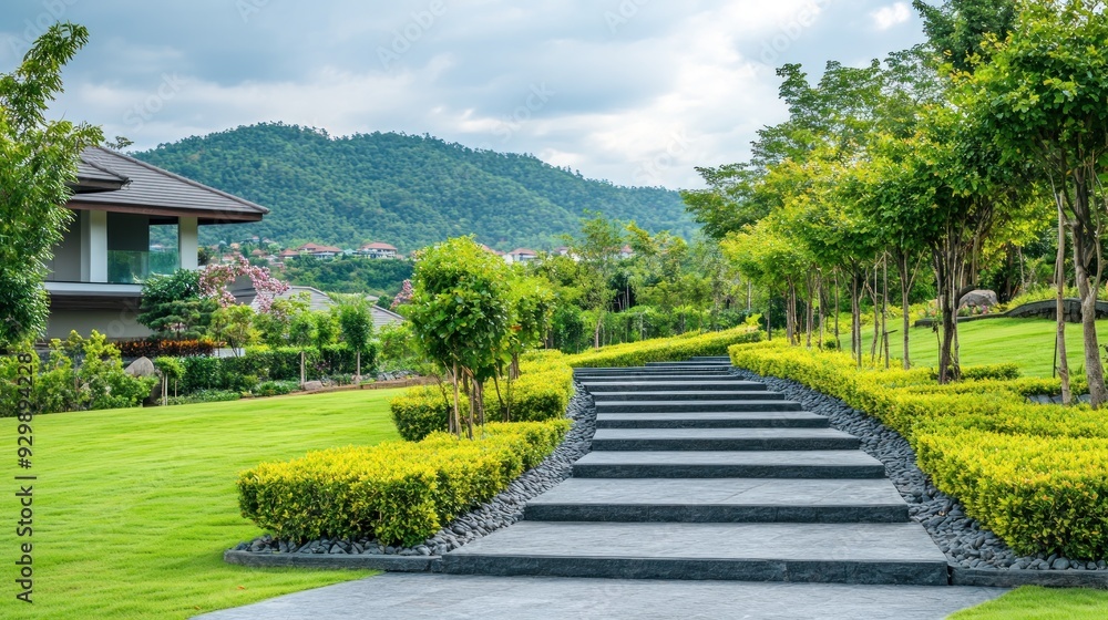 Stone steps leading up through manicured landscaping with a large green hill in the background. Stone steps leading up through manicured landscaping with a large green hill in the background.