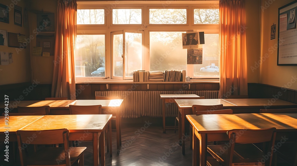 Empty Modern Classroom In the School Interior, Back to School Concept Book, Chair, table 3D Render. Empty Modern Classroom In the School Interior, Back to School Concept Book, Chair, table 3D Render.