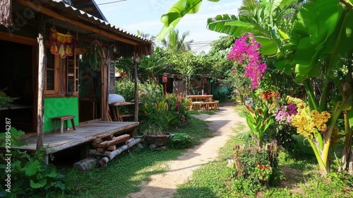 A wooden hut with a green wall and a wooden porch in a lush tropical garden with a pathway leading through it.