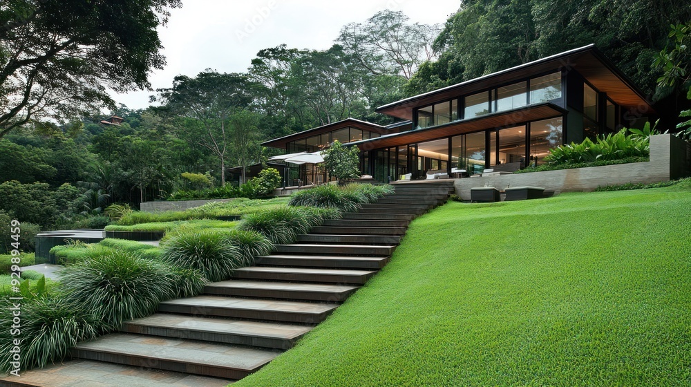 Modern house with large windows overlooking lush green lawn and stairs. Modern house with large windows overlooking lush green lawn and stairs.