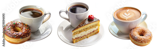 Cups of Coffee with Donuts and Cake Slices on Transparent Background