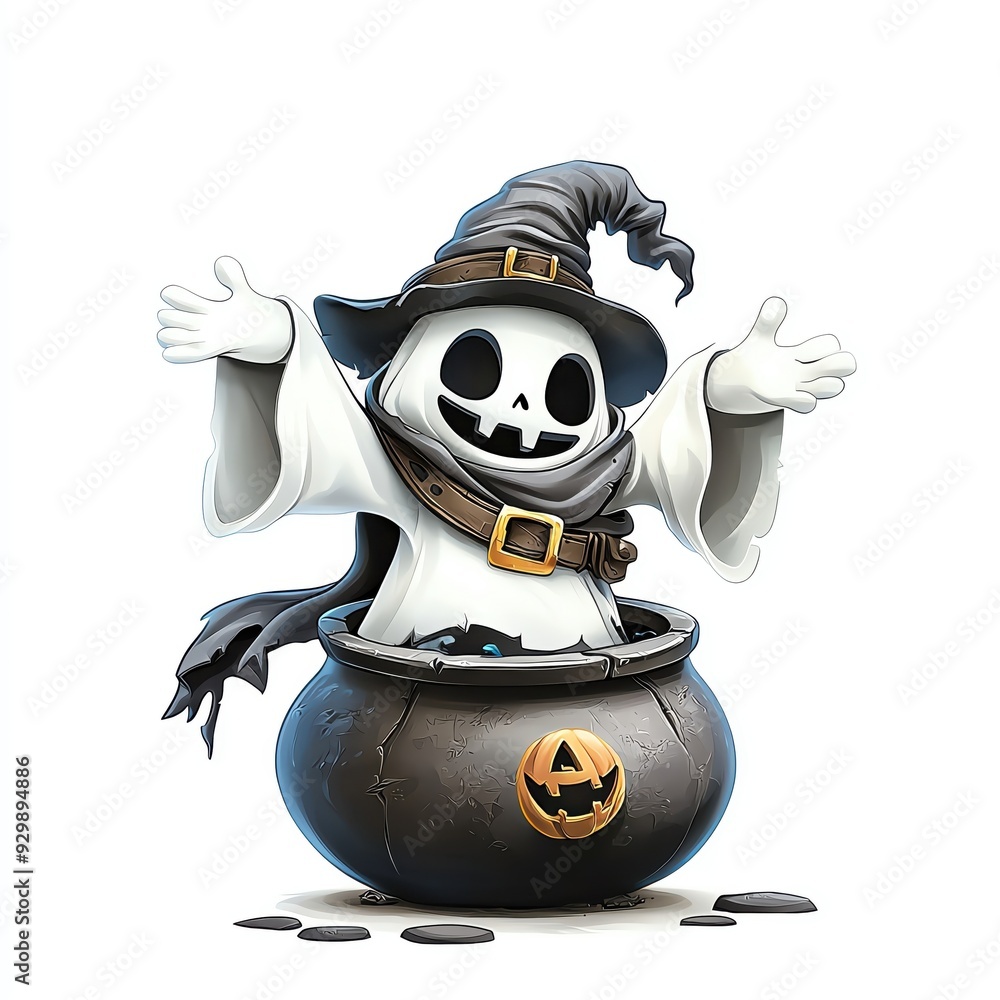 A cheerful ghost character in a witch hat, playfully emerging from a Halloween cauldron, perfect for festive designs. A cheerful ghost character in a witch hat, playfully emerging from a Halloween cauldron, perfect for festive designs.