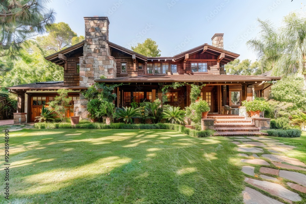 Craftsman Style Home with Stone Accents and Lush Landscaping. Craftsman Style Home with Stone Accents and Lush Landscaping.