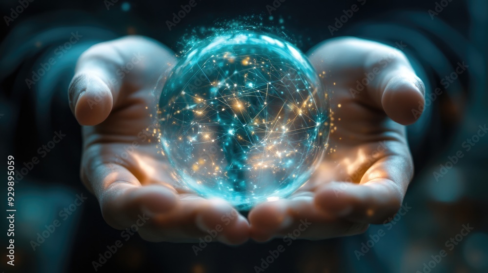 Hands Holding a Glowing Sphere of Connected Lines Hands Holding a Glowing Sphere of Connected Lines