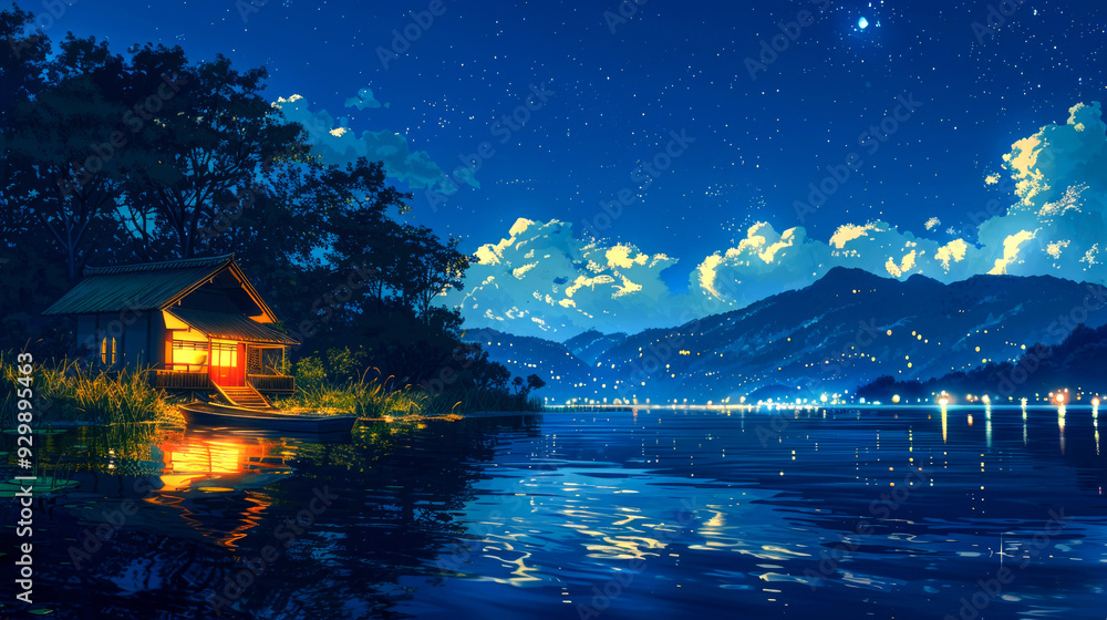 Fototapeta premium Illuminated Cabin by the Lake Under a Starry Night Sky