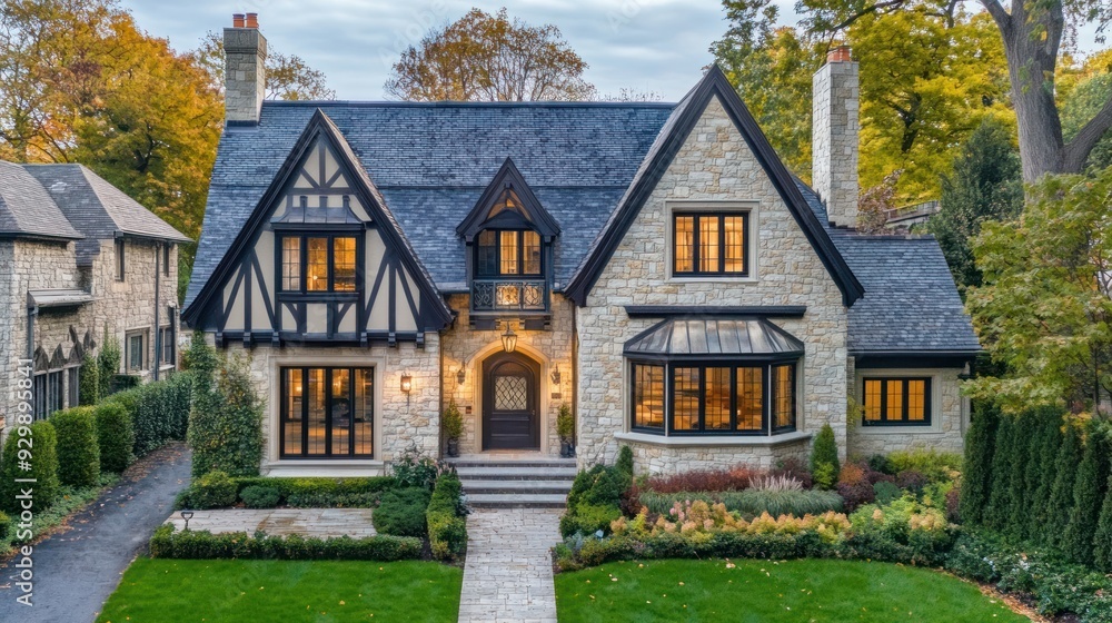 Stone house with a slate roof and large windows in front of a grassy lawn and walkway. Stone house with a slate roof and large windows in front of a grassy lawn and walkway.