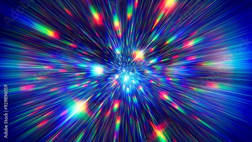 Fototapeta Naklejka Na Ścianę i Meble -  Flight to the stars at the speed of light. Portal for hyperspace jump. Colorful glowing cosmic background. Hyper Speed teleport. Time warp. Space traveling. Explosion in universe. Big bang. 3d render