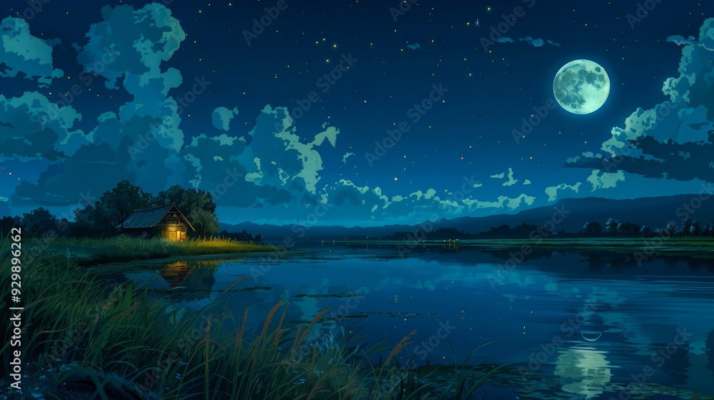 A Cabin by the Lake Under a Starry Night Sky with a Full Moon A Cabin by the Lake Under a Starry Night Sky with a Full Moon