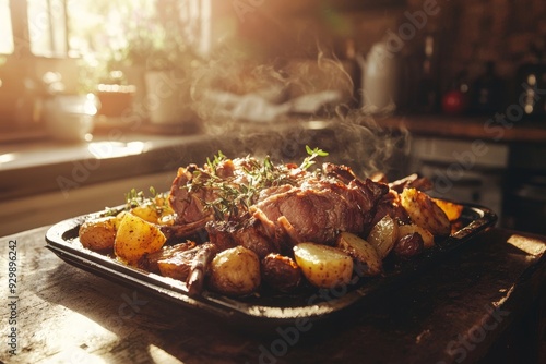 Delicious Mediterranean Lamb and Potato Dish in Sunlight, Perfect for Food Blogging or Restaurant Menu Generative AI photo