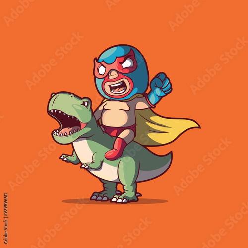 A luchador character on top of a T-Rex vector illustration. Fantasy, mascot design concept.