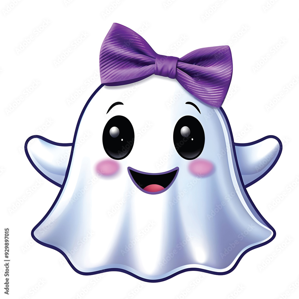 Beautiful, like a doll ghost. Cute spook with a big purple bow. Children's cartoon style. Poster or postcard design. Watercolour imitation
